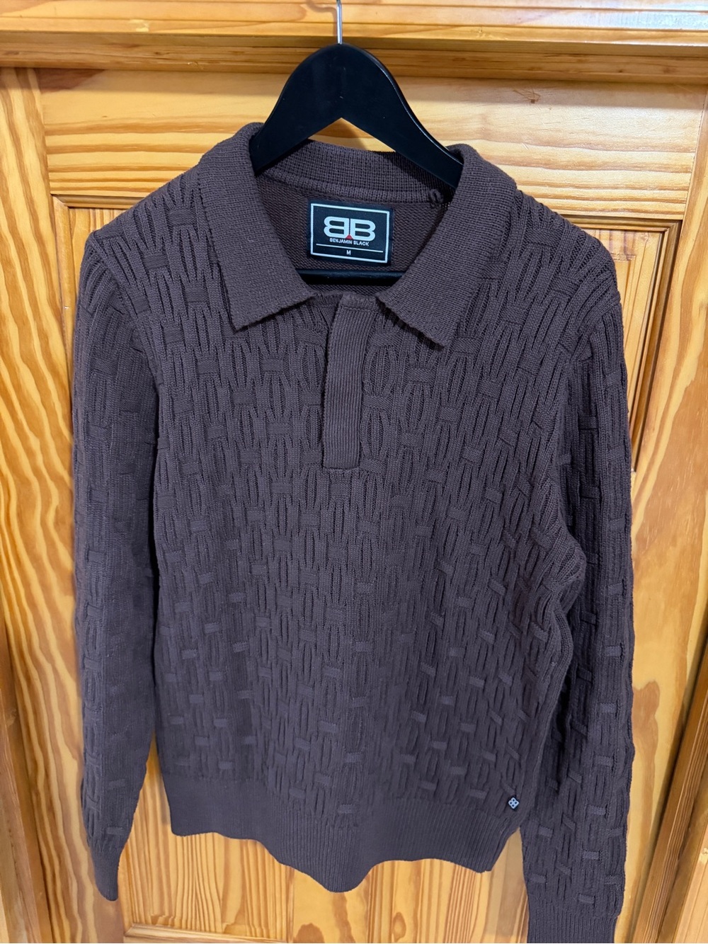 Brown Textured Knit Polo Sweater